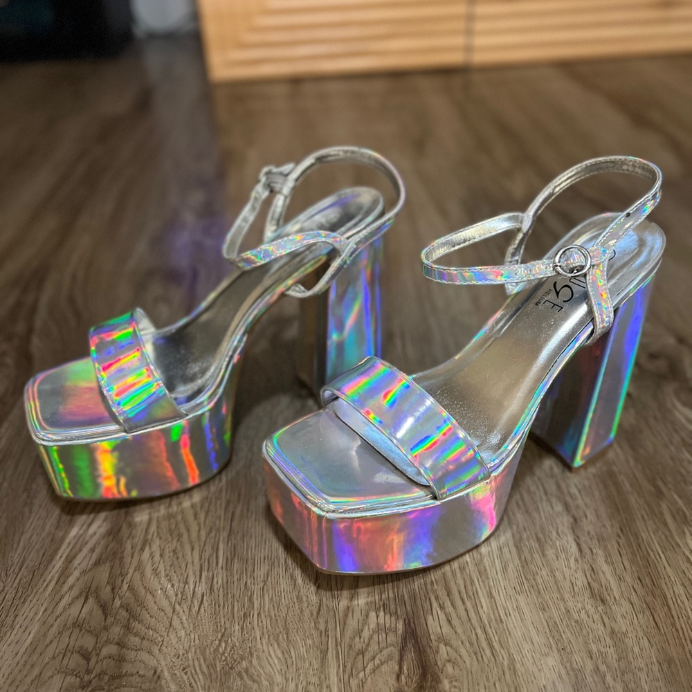 Silver Holographic Platform Strappy Heels